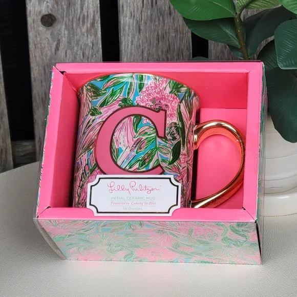 NEW Lilly Pulitzer Floral Ceramic Mug with Letter C Gold Handle - Picture 4 of 5